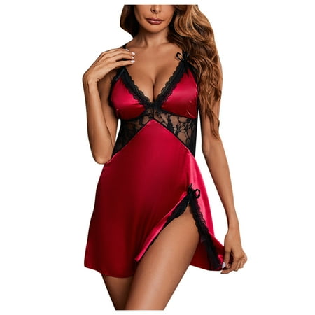 HYSYSB Nightgowns for Women balconette Bras for Women nighty for Women spaghetti Strap Nightgown lingerie Ring Sleepwear Fashion Lace Underwear Garter Sexy Pajamas chemise for Women Red 2XL