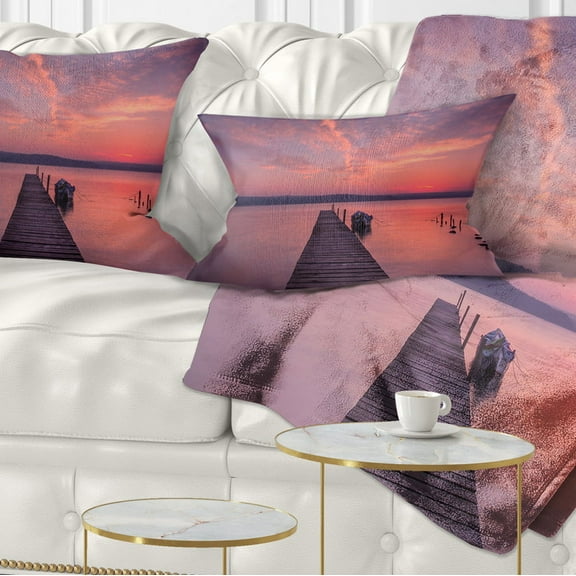 Designart Wooden Pier Under Red Sky - Seascape Throw Pillow - 12x20