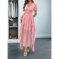 thumbnail image 6 of Women'S Casual Summer V Neck Flutter Ruffle Short Sleeve Irregular Hem High Waist Flowy Midi Dresses Pink XL, 6 of 8