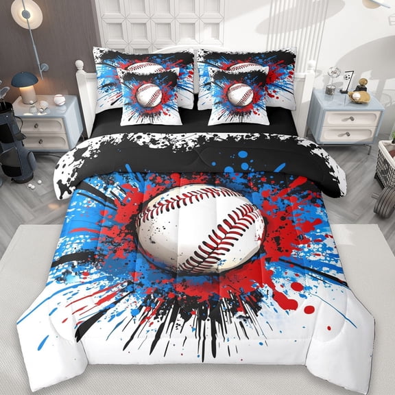 Erosebridal Baseball Sport Games 7-Piece Twin Bedding Sets,Watercolor Splatter Ink Bedding Comforter Set For Boys Teens,Reversible