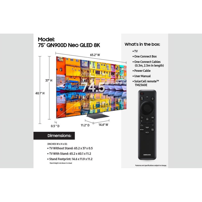 SAMSUNG 75" Class QN900D Neo QLED 8K Smart TV QN75QN900DFXZA 2024 display and camera view