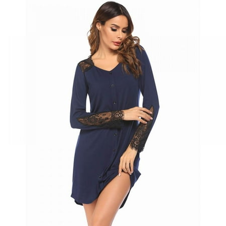 

Brand Clearance! Women s Nightgown Long Sleeve Lace Stitching Chemise Sleep Nightshirt Button Decor Sleepwear Plus Size Pajama Dress
