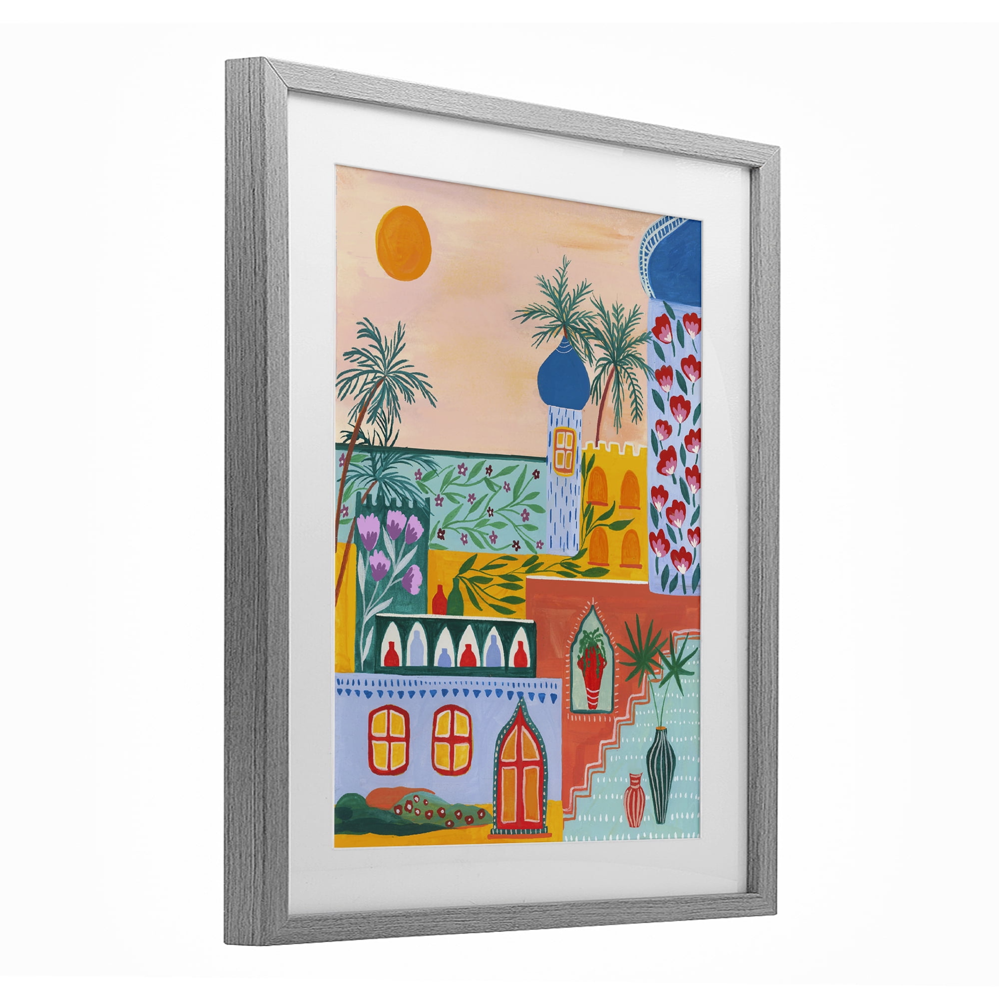 Egyptian City Architecture Gray Framed Print Under Glass, design by Nabeela Rumi