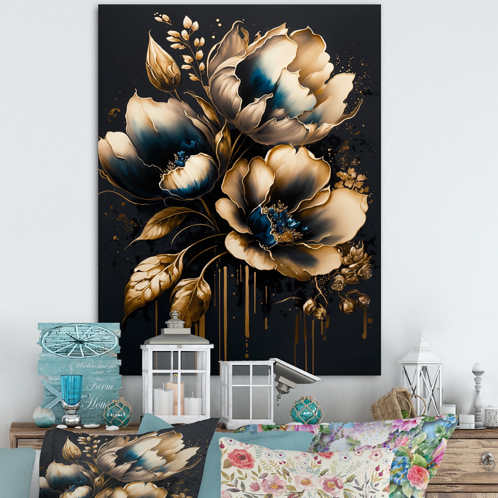 Designart Blue And Gold Tulips I Canvas Wall Art
