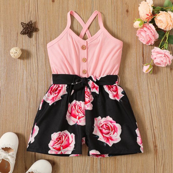 PatPat Girls Summer Clothes Toddler Rompers Floral Bowknot Belted Button Back Crisscross Cami Jumpsuits, Pink, 18-24 Months