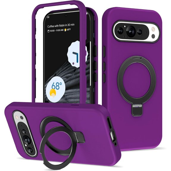 for Google Pixel 9 Pro XL Case with Invisible Magnetic Ring Stand, Compatible with Mag-Safe, 3 in 1 Full Body Protection Pixel 9 Pro XL Phone Case for Women Men, Purple