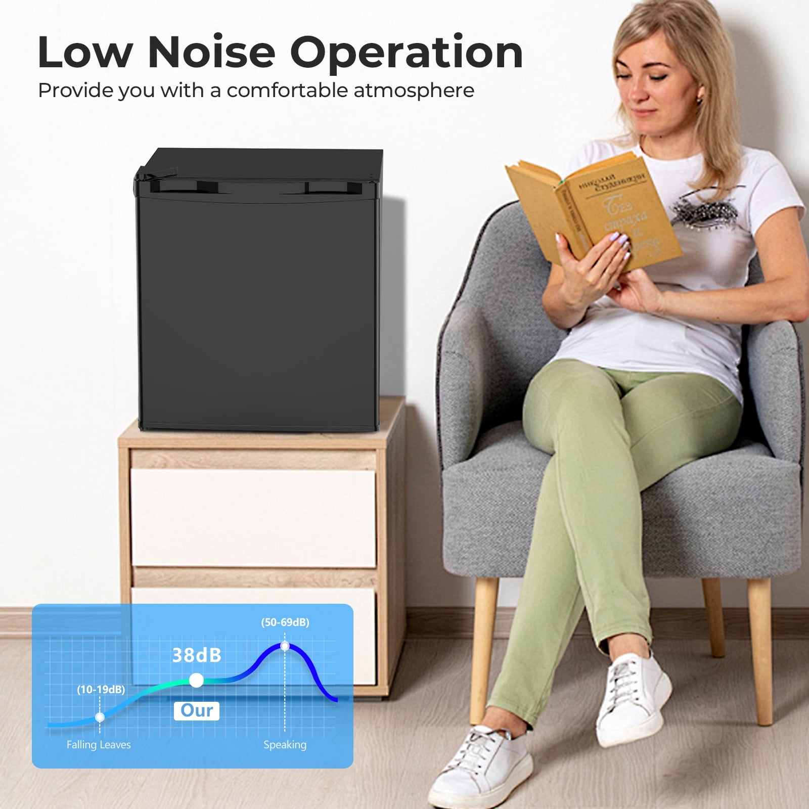 WAA 1.6 cu.ft Small Upright Mini Fridge with Freezer - Removable Shelves,7-Level Adjustable Thermostat,Low Noise,Suitable for Bedroom/Apartment/Office(Black)