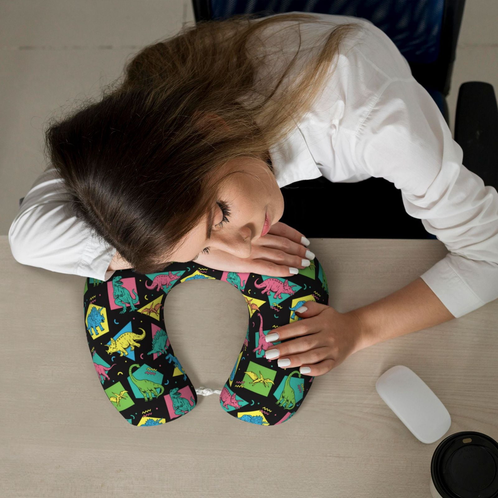Xecao Geometric Dinosaur Print Memory Foam Cervical Neck Pillow Versatile U-Shaped Pillows for Home,Office,Camping,Travelling,Soft Washable Cover