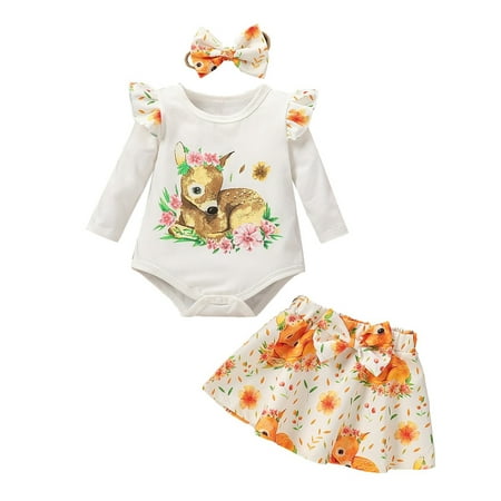 

TAIAOJING Toddler Baby Girl Clothes Printed Bodysuit Deer Headbands Skirts Romper Cartoon Outfits For Girl 3-6 Months