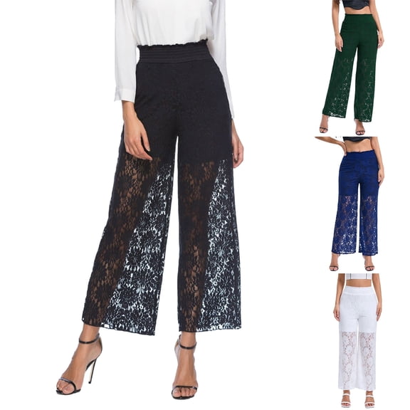 Lovzfmll High Waist Palazzo Pants for Women, Lace Trim Wide Leg, Streetwear Casual Ankle Length Pants Black, S