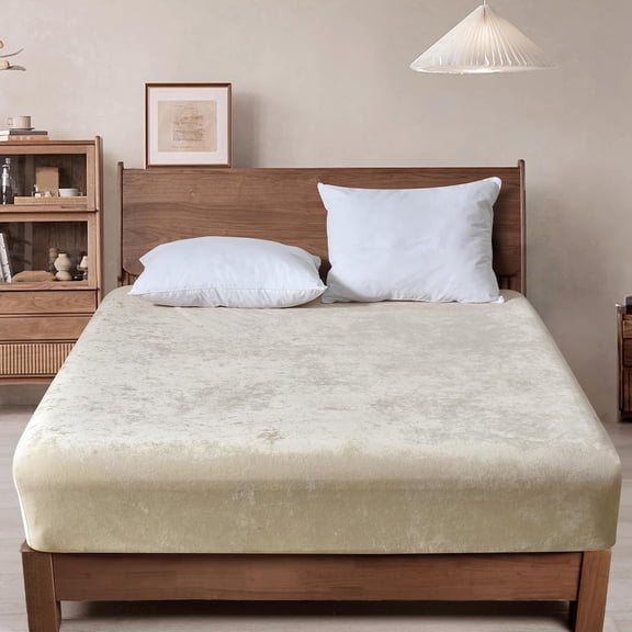 PHF Truly Velvet Fitted Sheet Queen Size, Luxury Super Soft Flannel Bottom Sheet with 15" Deep Pocket for Winter, Sand