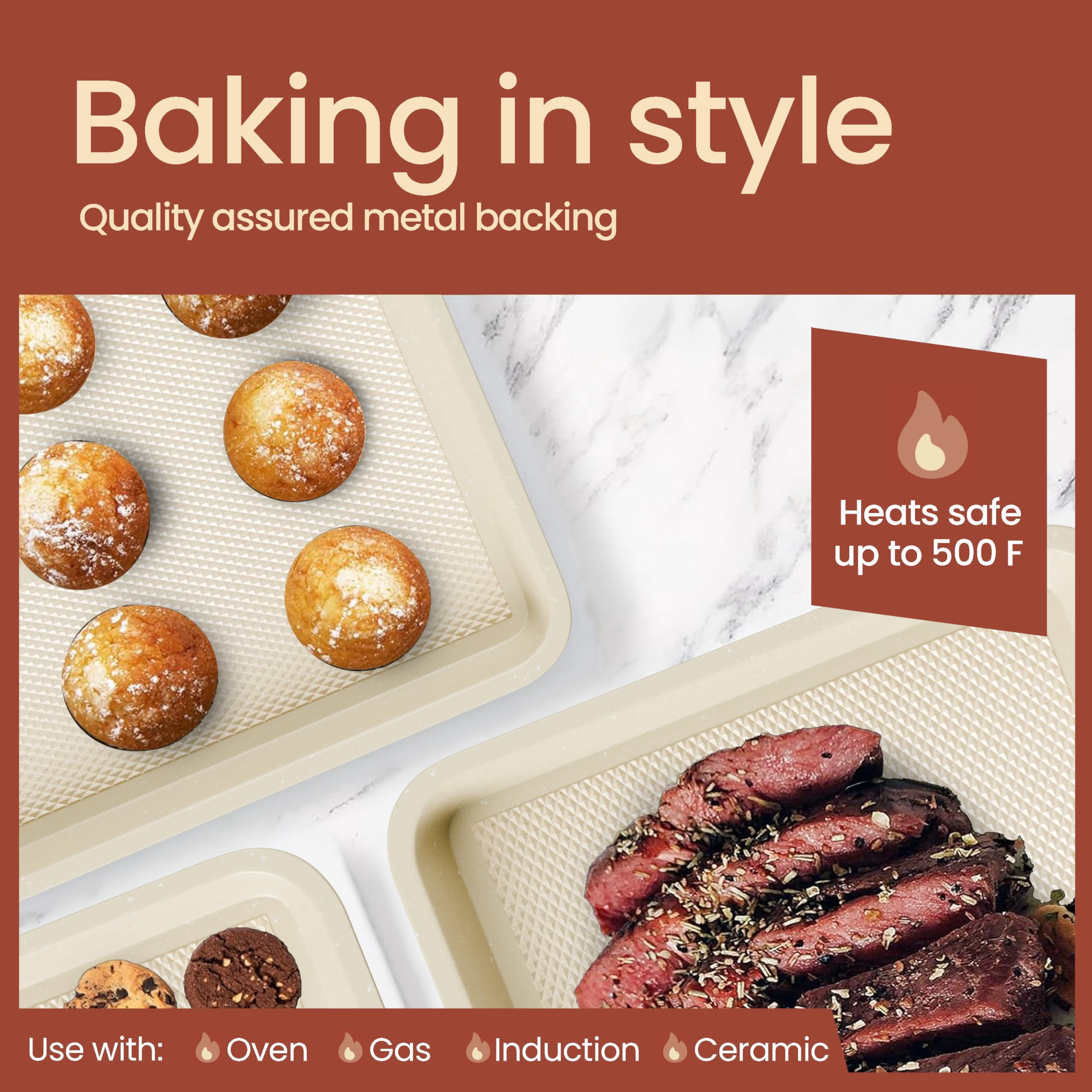 Bakken Baking Pans - Nonstick Coating, 13.58’’ × 9.65’’ Carbon Steel Cookie Sheet, Diamond Texture Bottom, Oven Safe 450°F, White Marble