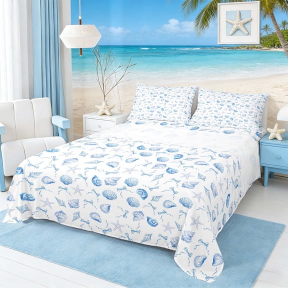 Manfei Watercolor Seashell Starfish Bow Queen Sheet Sets for Kids Boys and Girls, Marine Blue Bed Set 4 Pieces, 1 Flat Sheet, 1 Fitted Sheet and 2 Pillowcases