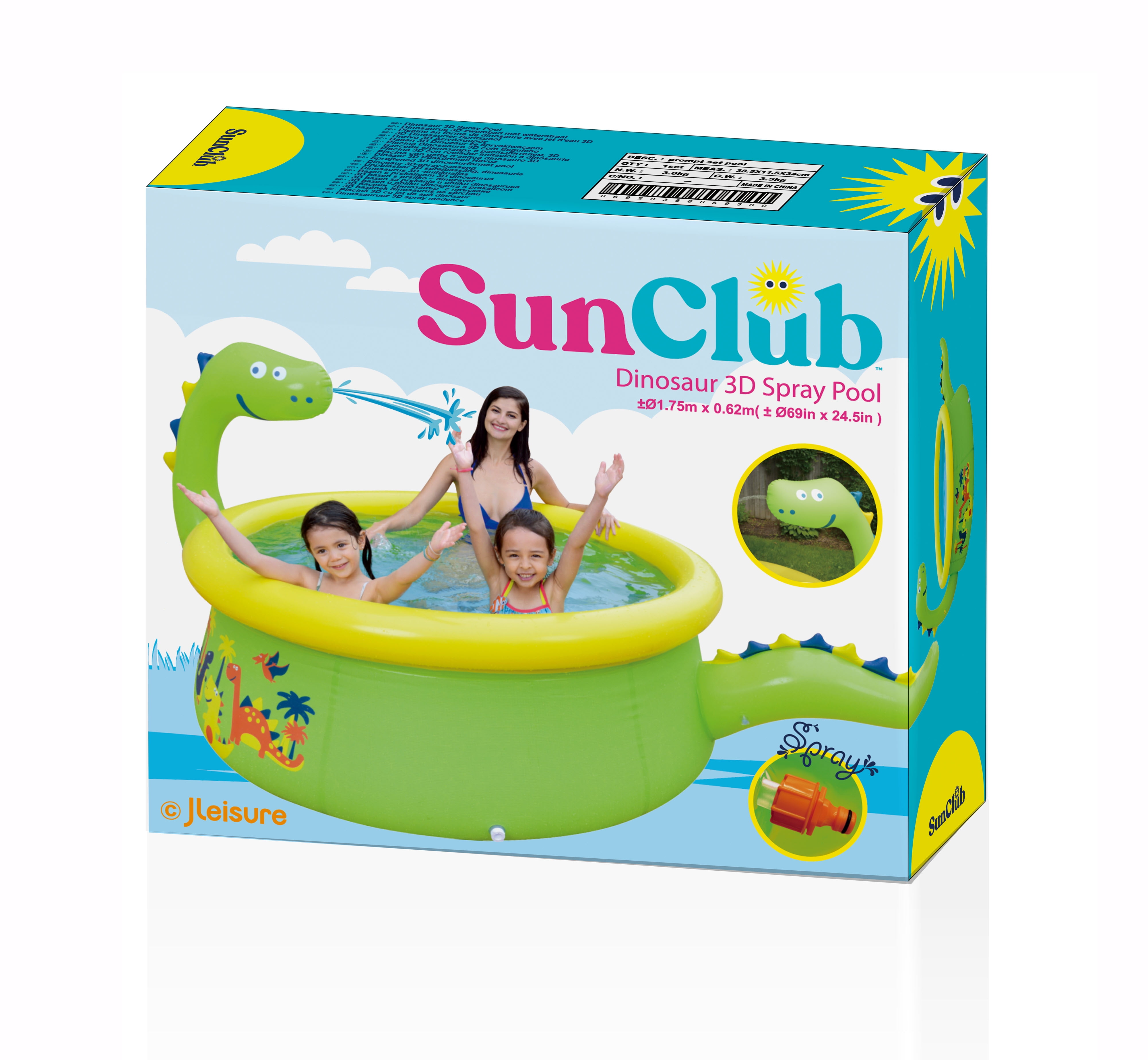 Sunclub 69" x 24.5" Green Round Inflatable Dinosaur Kiddie Pool with Spray Feature