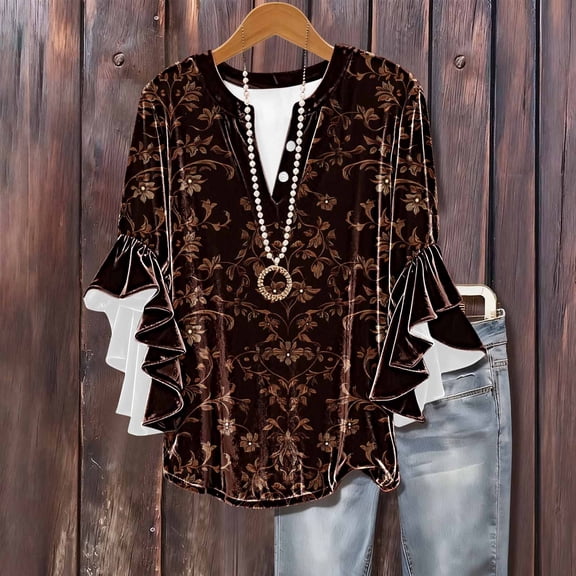 Ailaofu Women's Elegant Velvet Three-Quarter Sleeve V-Neck Button-Up Retro Casual Print Fashion Top with Trim Three-Quarter Sleeve V-Neck Top/Shirt