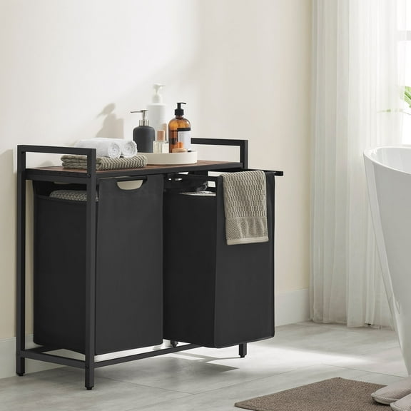 46L Laundry Hamper with Shelf Laundry Basket Laundry Sorter with 2 Pull-Out and Removable Bags Shelf Rustic Brown and Black