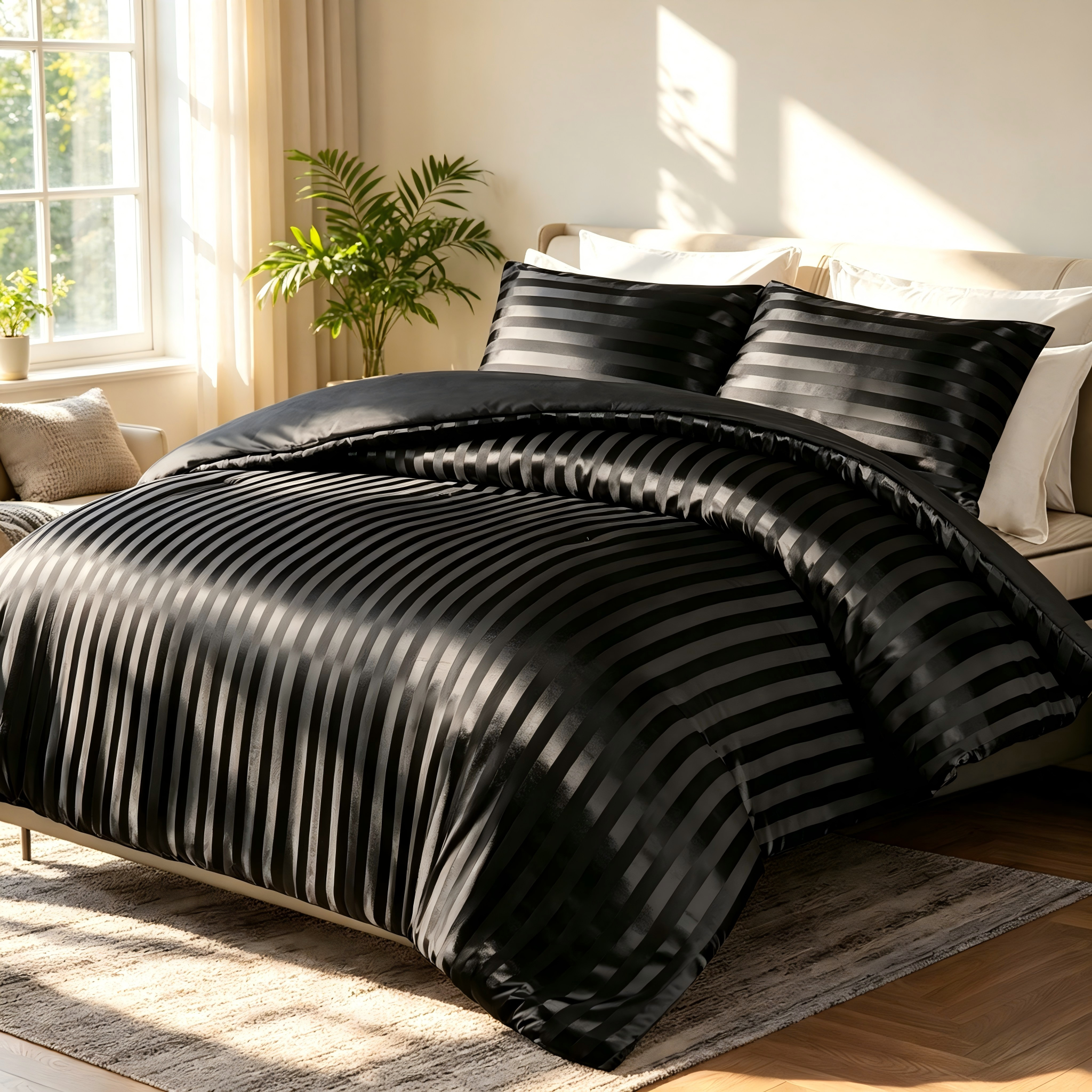 Whale Flotilla 3-Piece Luxury Stripe Satin King Size Comforter Set, Reversible Silky Soft Bedding Set with 2 Pillowcases, Lightweight All-Season Comforter, Black