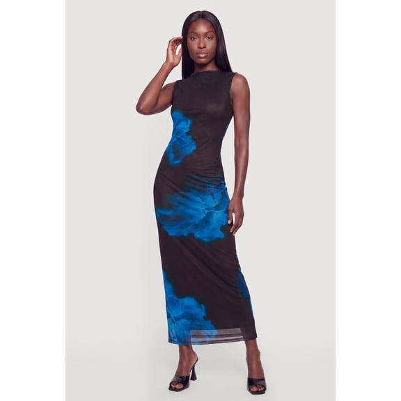 Women's Floral Mesh Side Ruched Mock Neck Maxi Dress