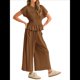 thumbnail image 3 of Conjunto de Dos Piezas para Mujer: Top Fruncido y Pantalón Conjunto Informal Bohemio de Cintura Alta con Bolsillos Marrón Oscuro L, 3 of 7