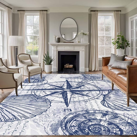 Purple Blue Compass Area Rugs 5'x8', Washable Small Throw Rugs for Classroom Bedroom, Vintage Nautical Summer Ocean Shell Indoor Outdoor Rug Non-Slip Low Pile Carpet Runner Reversible Floor Mats