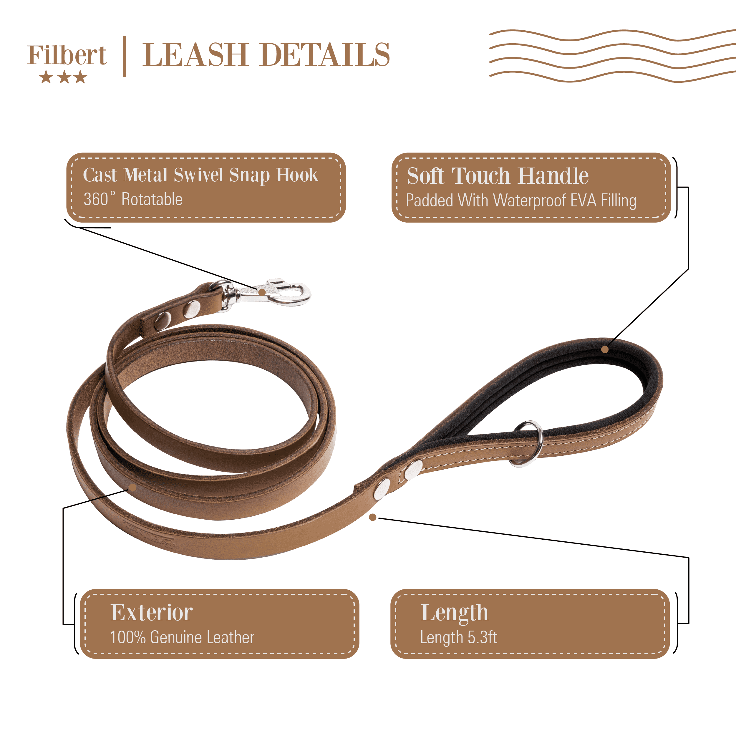 Filbert Genuine Leather Dog Leash, Strong Leather Leash for Small, Medium, Large Breed Dogs, 5.3ft, Soft and Comfortable, Durable, Heavy Duty, Camel
