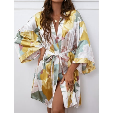 Floral Print Drop Shoulder Belted Satin Robe Without Lingerie