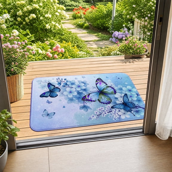 VOTRUDI Blue Floral Butterfly Welcome Doormat, Rubber Back Non‑Slip Absorbent Washable Rug for Patio Porch Entryway 15.7"x23.6"