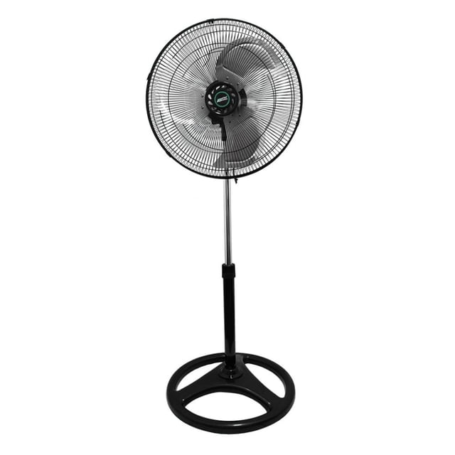 ventilador de pedestal mytek 18p 3vel industrial 2 en 1 negro Ventilador industrial Mytek de 18 pulgadas, vista frontal centrada; base redonda negra y varilla metálica ajustable, carcasa con rejilla y aspas metálicas, control central con selector de 3 niveles. Funciona como pedestal o a ras de piso para mayor circulación de aire y suele usarse también para ventilar talleres o bodegas pequeñas.