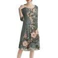 thumbnail image 4 of QIJIE Petite Women Dresses Spring Summer 3/4 Sleeve Holiday Boho Floral Casual Sundress Crew Neck Vacation Midi Dress A-Line Flowy Swing Wedding Guest Dresses with Pockets Army Green 2XL, 4 of 6