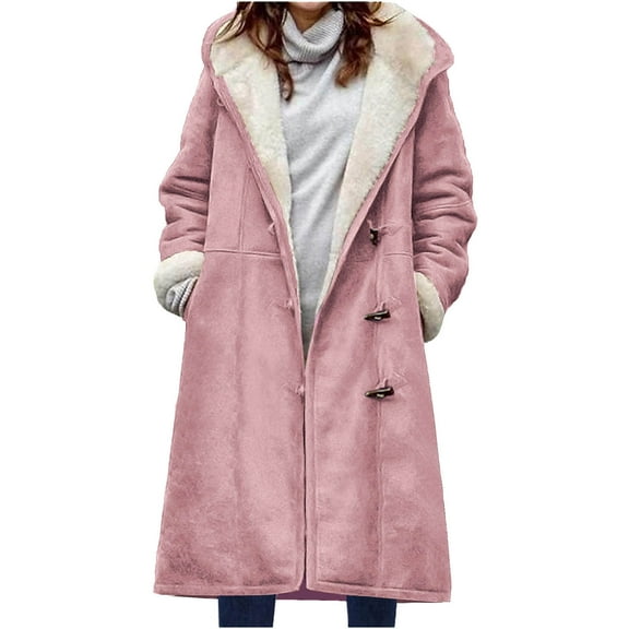 Qetyuw Womens Winter Warm Coats Faux Suede Sherpa Lined Open Front Hooded Jacket Long Sleeve Button Down Loose Fit Casual Coat