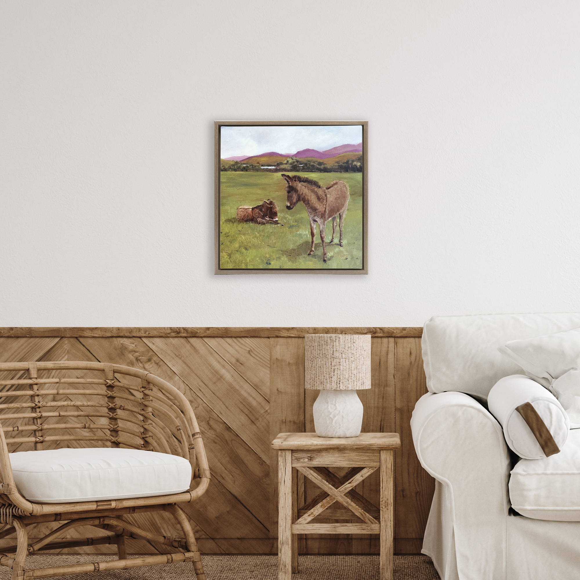 Donkey Duo in Pasture Brown Framed Floater Canvas Wall Art, design by Patricia Reynolds