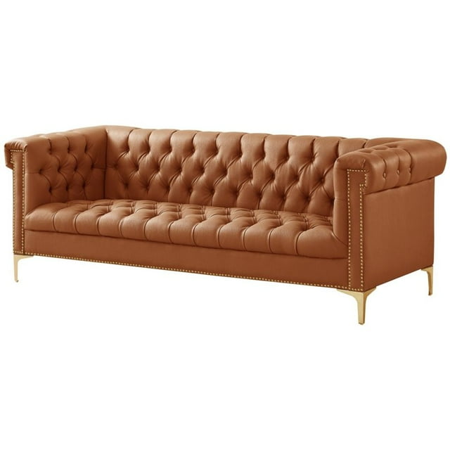 Ryder Brown Leather Chesterfield Sofa - Gold Metal Y-Legs - Tufted