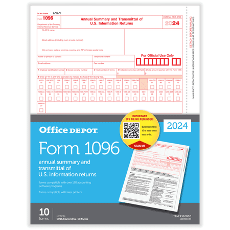 Office Depot® 1096 Laser Tax Forms, 1-Part, 8-1/2" x 11", Pack Of 10 Forms