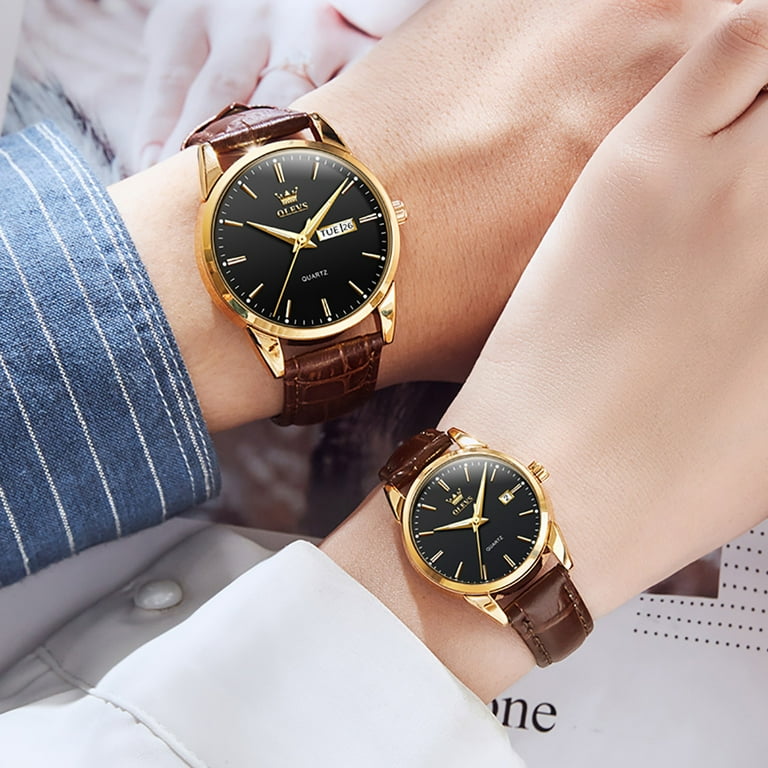 OLEVS Couple Watches Men and Women Gift Set Breathable Leather Strap Valentines His and Her Watch Set Men and Women Lovers Wedding Romantic Gifts Set