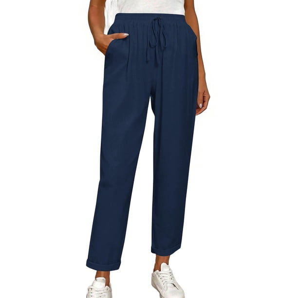 Pantalones elásticos de la cintura para las mujeres verde oliva cordón sólido bolsillo Jogger longitud completa