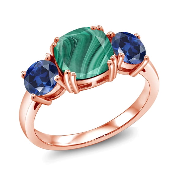 Gem Stone King 18K Rose Gold Plated Silver Green Malachite and Blue Created Sapphire 3 Stone Engagement Ring for Women (4.20 Cttw, Gemstone, Cushion 8MM, Size 5)