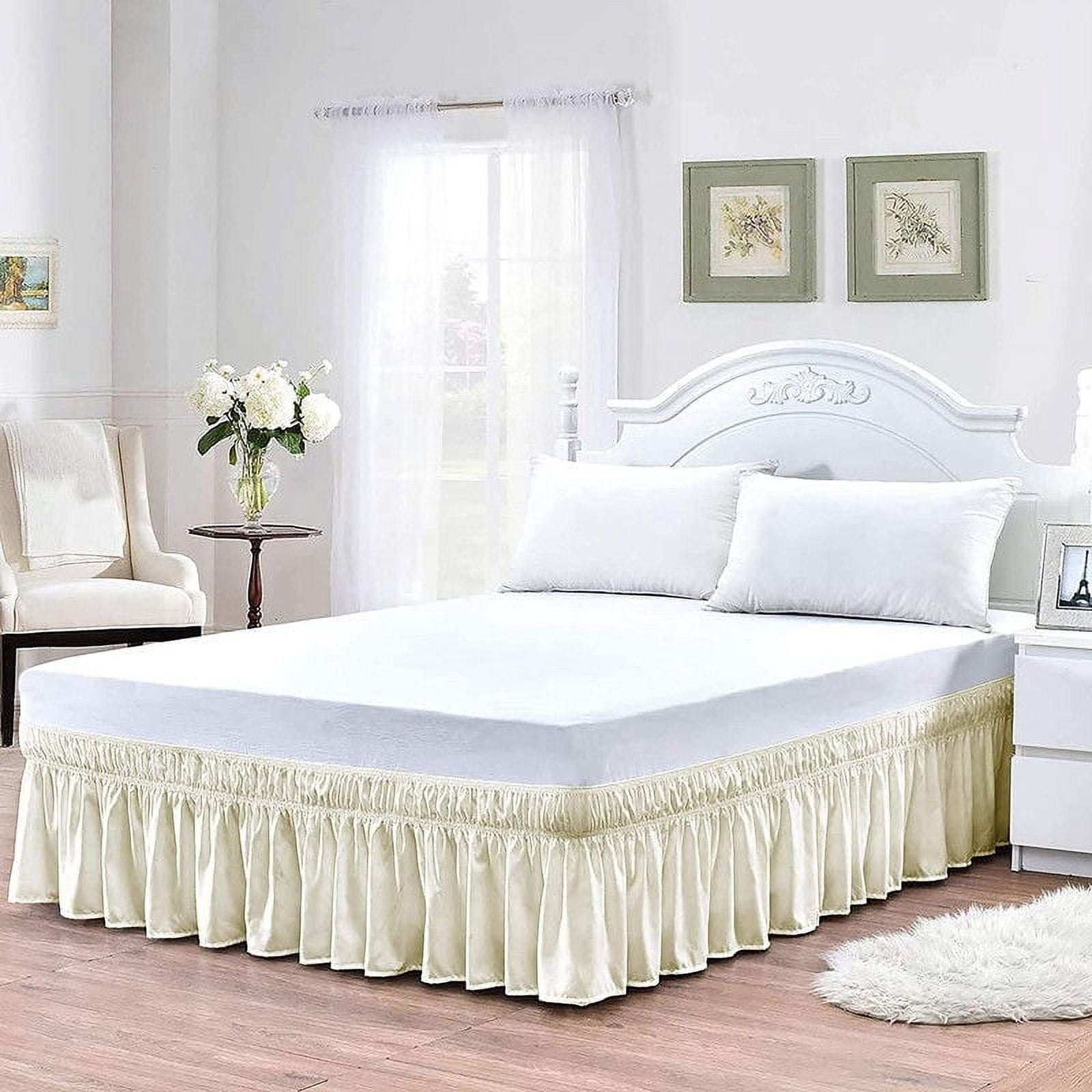 Pure Dreams Wrap Around Dust Ruffle Bed Skirt, 100% Microfiber, 18 Inch Drop, Easy Fit Elastic Strap- Ivory King Size