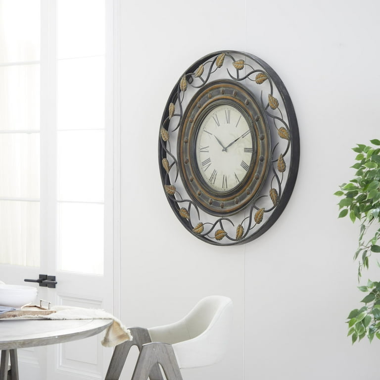 Gray Metal Circular Desk Table Clock With Rivet Detail Frame Gray Metal Circular Desk Table Clock With Rivet Detail Frame