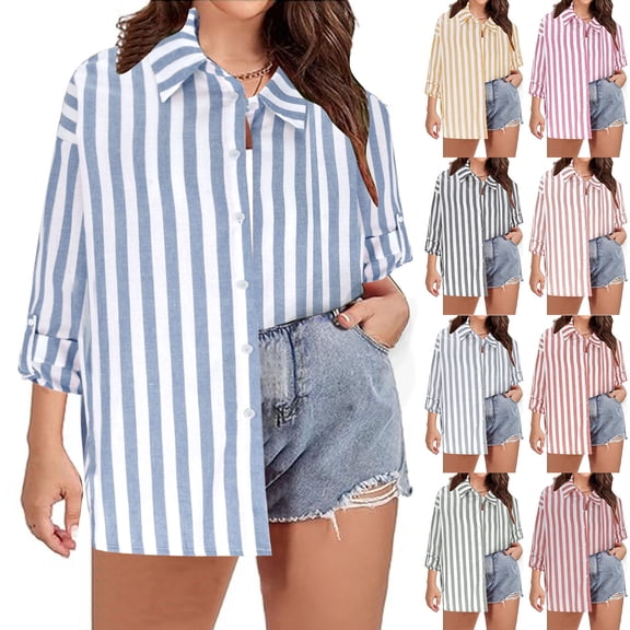 Yxbdin Plus Size Striped Shirts for Women Dressy Lapel Roll Up Long Sleeve Shirt Button Down Business Casual Blouses Loose Fit Spring Tops Black XXXL