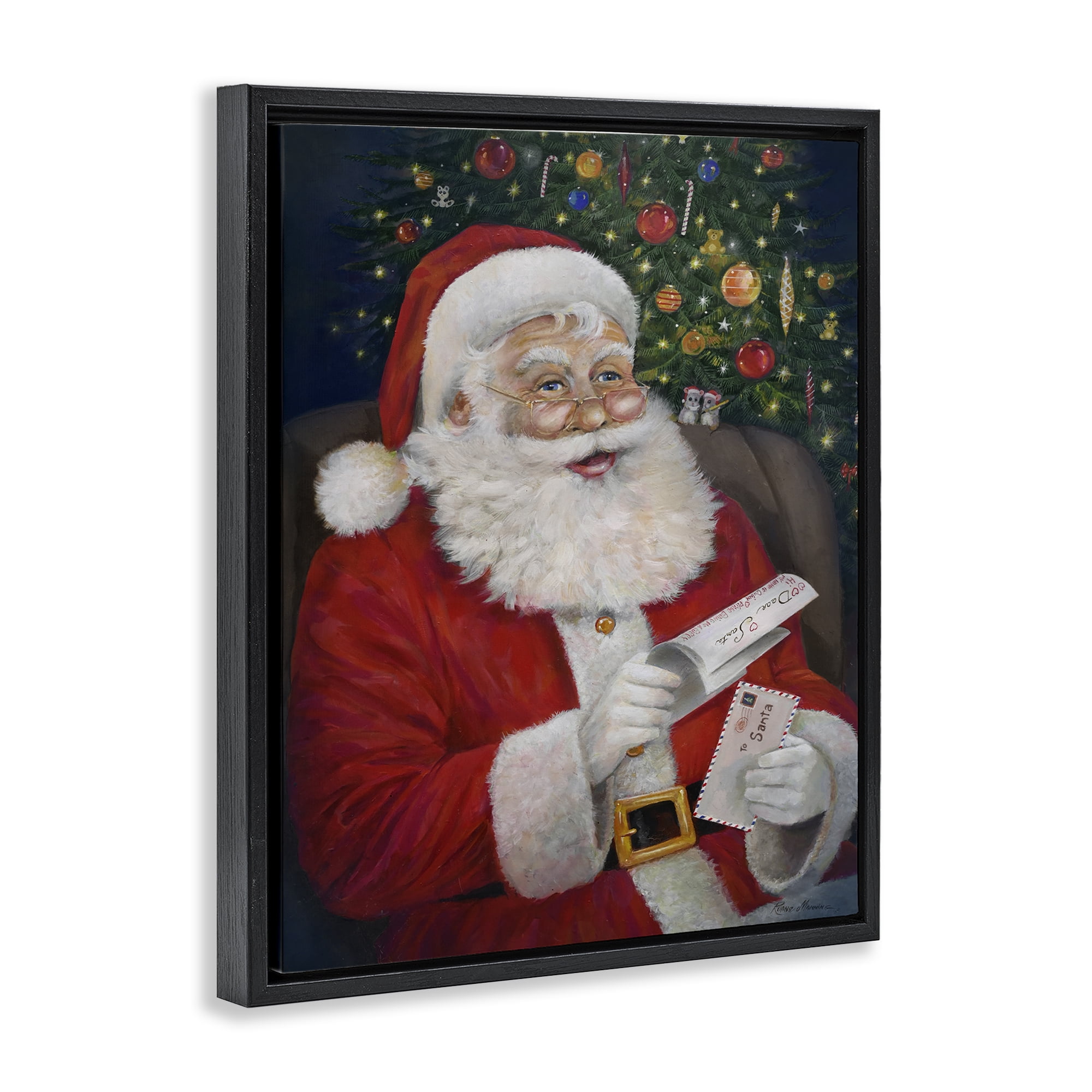 Stupell Industries Merry Santa Claus Holiday Painting Black Floater Framed Canvas Art Prints Wall Art, 17 x 21