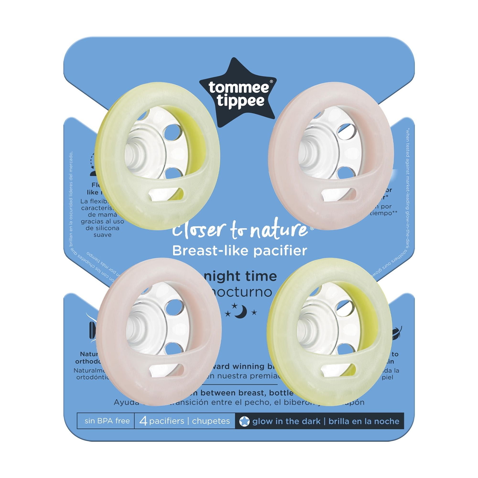 Tommee Tippee Breast-Like Pacifier Night, Glow in the Dark, Skin-Like Texture, Symmetrical Design, BPA-Free Binkies, 0-6m, 4-Count, Pink/Yellow