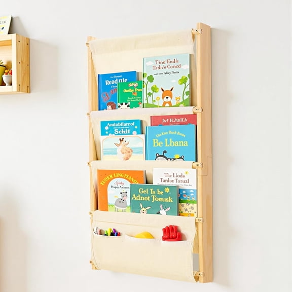 Wood 4 Tier Wall Mounted Bookshelf Floating Shelf for Books, Space Saving Organizer for Nursery, Classroom, Toddler Rooms, Bookcase