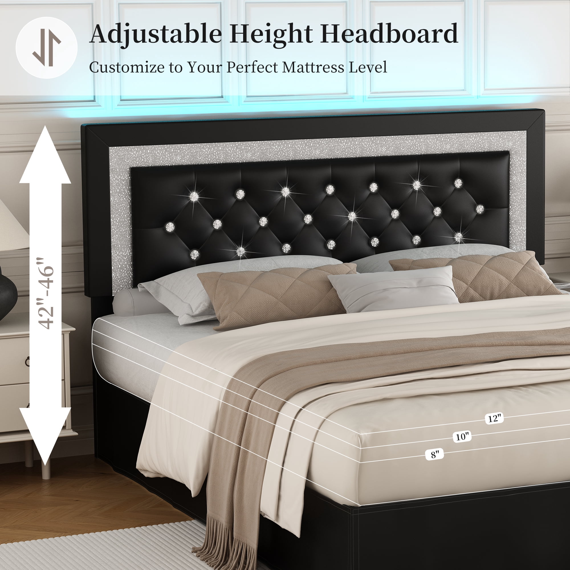 SIBEDS Queen Upholstered Bed Frame with Adjustable Headboard and LED Lights, Black PU Tufted Diamond Button, No Box Spring Needed, Noise Free