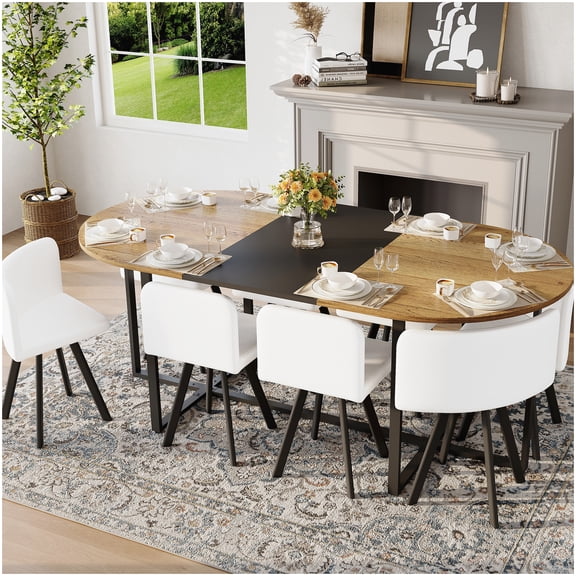 9-Pc Oval Dining Set with White Leather Chairs, Two-Tone Wood Table for Kitchen Dining Room