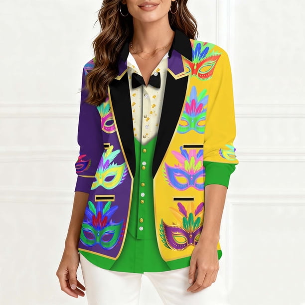TaTaai Women Mardi Gras Printed Long Sleeve Loose Casual Shirt Unisex Lapel Fashion Blouse Holiday Top for Daily Office Party Streetwear Spring Summer Wear Gift
