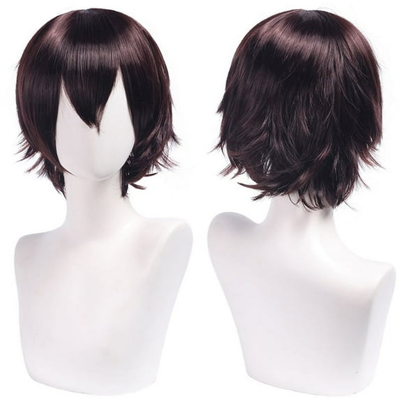 Nvzi-c Unisex Anime Short Hair Wig Cosplay Anime Wig Fluffy Layered Costume Wig Heat Resistant Synthetic Costume Party Prom Wigs with Bangs，Black Brown
