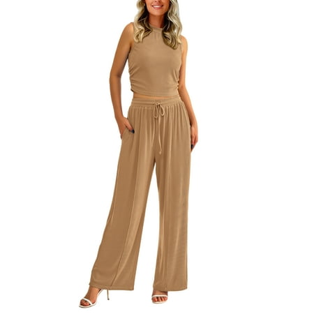 FreshPretty Women Summer 2 Piece Outfits Ribbed Knit Crew Neck Sleeveless Cropped Top Elastic Waist Wide Leg Pants Lounge Set