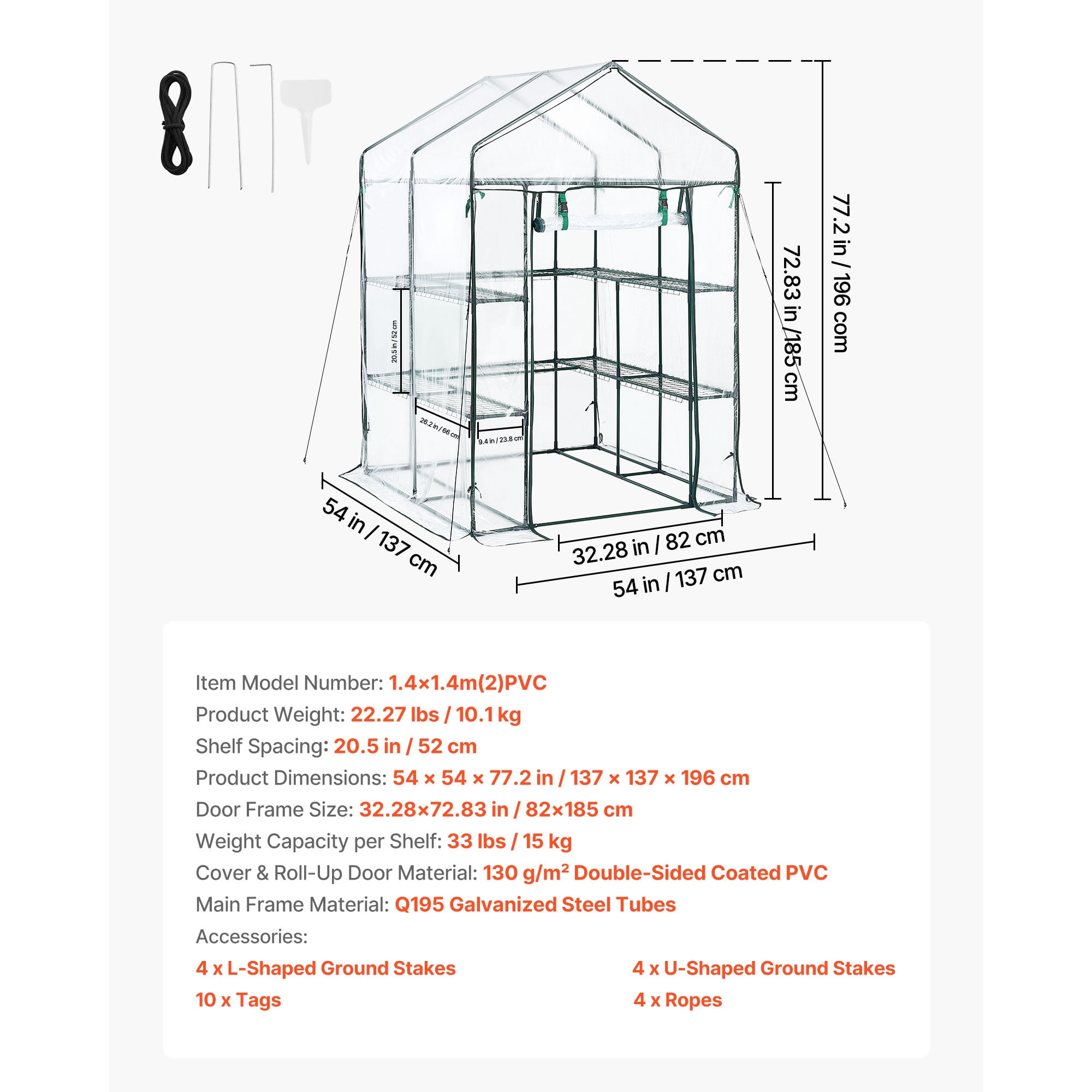KFFKFF Walk-in Greenhouse, 54" x 54" x 77.2" Outdoor Greenhouse with PVC Cover, 2-Tier 10-Shelf Design, Roll-Up Zipper Door, Portable Garden Hot House for Backyard and Plants