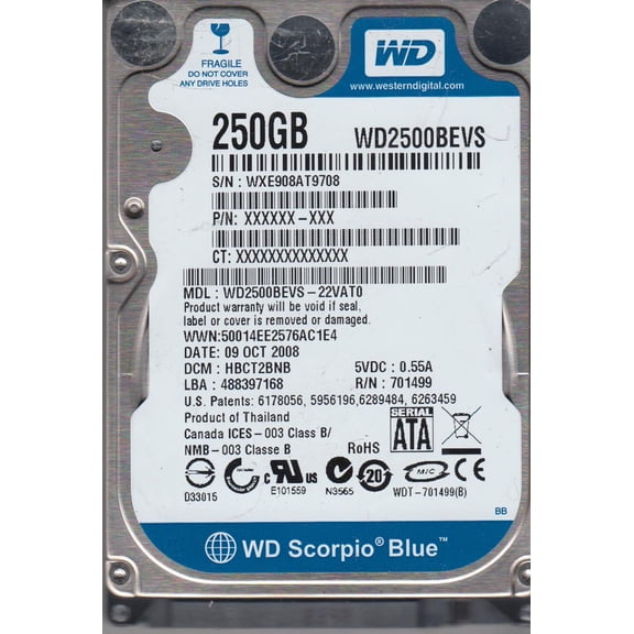 WD2500BEVS-22VAT0, DCM HBCT2BNB, Western Digital 250GB SATA 2.5 Hard Drive