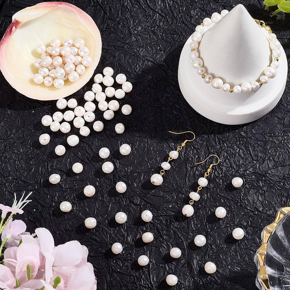 1 Box 100PCS Beige Freshwater Round Shape Pearl Beads with Holes Genuine Real Summer Natural Cultured Spacer Loose Pearls Bead Bulk for Jewelry Making Bracelets Necklaces DIY Craft Supply